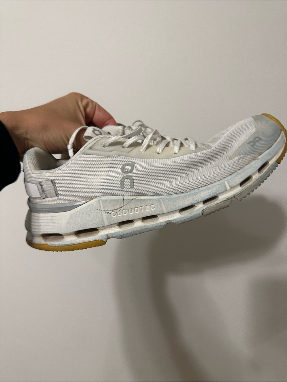 On Running CloudTec Running Shoes in White and Light Gray with Gum Sole